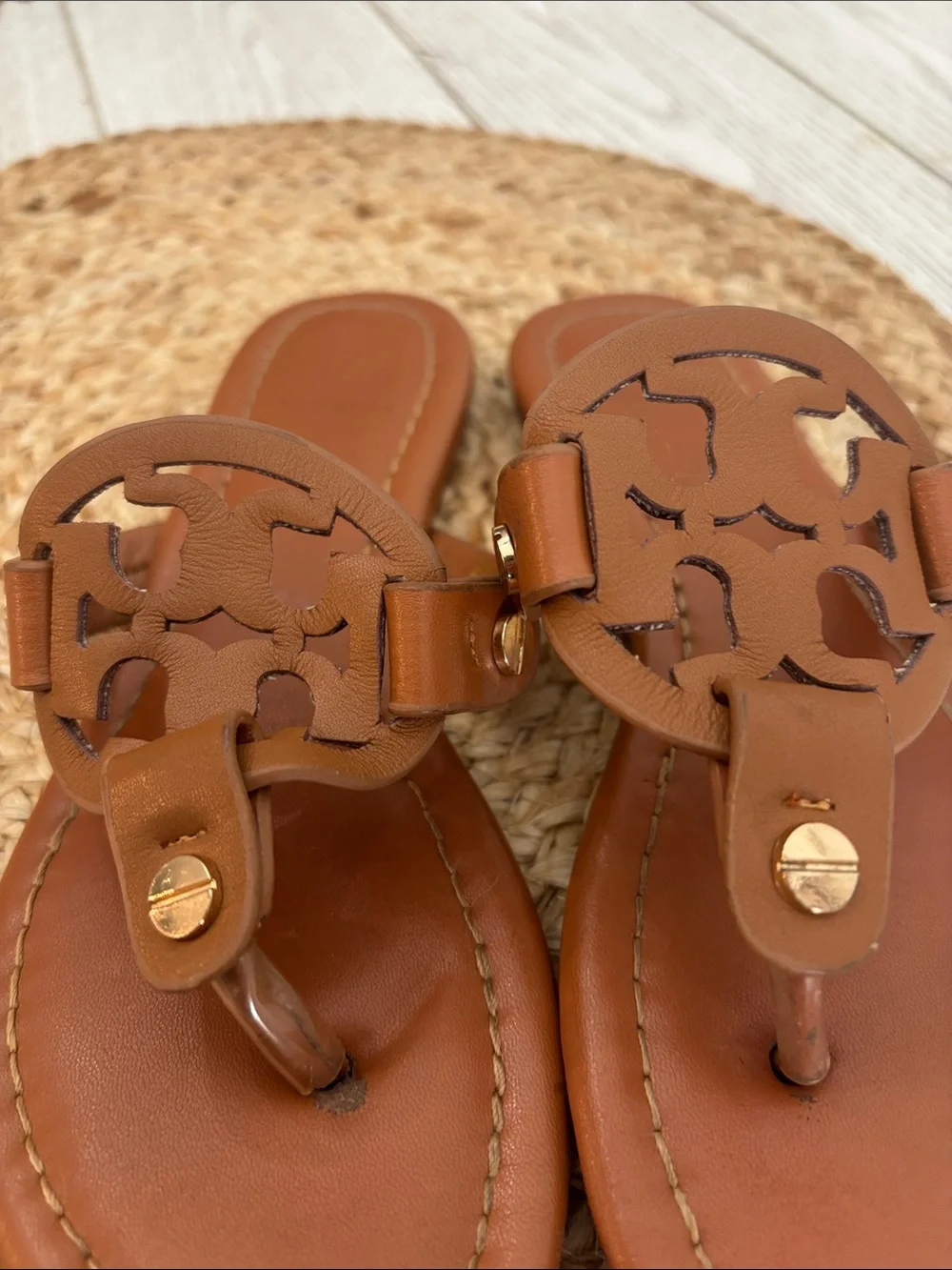 Tory Burch Tan Miller Logo Leather Thong Sandals